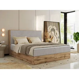 MKS Meble Boxspringbett WOOD CLASSIC, Komplett Set mit Multipocket-Matratze und Topper T25, Doppelbett für Schlafzimmer, hohe Kopfteil - 180 x 200... - Hellgrau