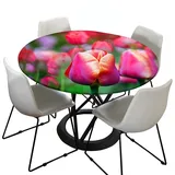 Morbuy Rund Tischdecke Elastisch, 3D Tulpe Rund Tischdecken Wasserdicht Lotuseffekt Abwaschbar Abwischbar Tischtuch für Dekoration Küchentisch Garten Outdoor (Durchmesser 120cm,Rote Tulpe)