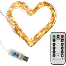 Clauss LED-Mini-Lichterkette mit USB-Anschluss und Fernbedienung, 100 LEDs in warmweiß,10 m, Kupfer-Draht, Innen-Bereich, 5 Volt, Clauss10002