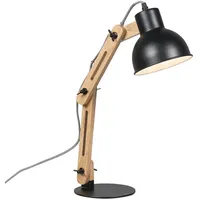 QAZQA Industrielle Tischlampe schwarz mit Holz - Woodi