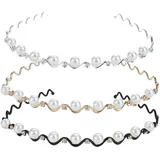 EIHI 3er Set Damen Haarreif-Metall Haarbänder Wellen-Haarbänder mit Diamanten Strasssteinen Perlen Stirnbänder,Beaded Headbands, Hair Band for Girls and Women in Schwarz, Silber und Gold