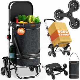 monzana 3in1 Einkaufstrolley 56L bis 50 kg klappbar abnehmbare Tasche 6 Rollen Tragegurt Treppensteiger Einkaufswagen Einkaufshilfe Trolley Schwarz - MONZANA®