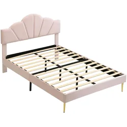 Merax Polsterbett, Samt Doppelbett mit höhenverstellbarem Muschel-Form-Kopfteil 140x200cm, rosa