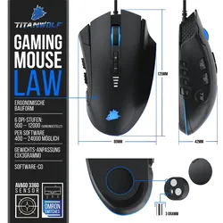 Titanwolf Gaming-Maus kabelgebunden, Gaming Mouse mit 24000 dpi & Gewichtstuning, 12 Tasten. Avago Sensor
