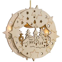 Fensterbild, Kirche im Wald und Rehfamilie, 3 warmweiße LEDs, Ø 150, T 40