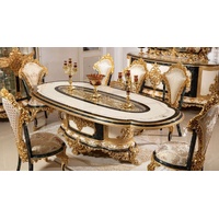 Casa Padrino Luxus Barock Esszimmer Set Weiß / Mehrfarbig / Blau / Gold - 1 Barock Esstisch & 6 Barock Esszimmerstühle - Barock Esszimmer Möbel - Edel & Prunkvoll