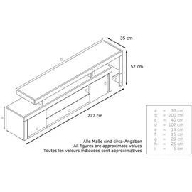 Vladon Leon Lowboard 227 x 52 x 35 cm Schwarz Hochglanz/MDF