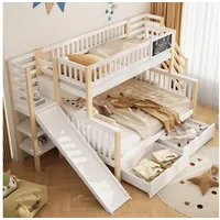 REDOM Hochbett multifunktionales Kinderbett (Hausbett, Etagendoppelbett mit Rutsche und kleiner Tafel, 2 Schubladen, 140*200cm & 90*200cm, ohne Matratze) mit Graffiti-Brett, Treppe und Aufbewahrungsschränken
