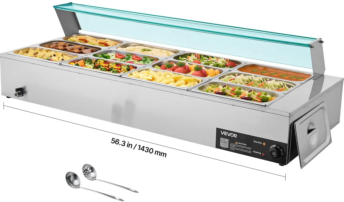 VEVOR kommerzieller Speisenwärmer (12 x 1/3 Größe Behälter), 1,7 kW elektrischer Wärmebehälter aus Edelstahl mit Glasabdeckung & Suppenkelle, Chafing Dishes für Catering Restaurant Party