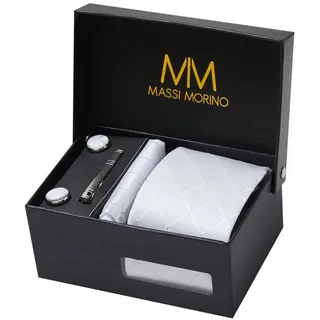 Massi Morino Krawatte (1-St) mit Einstecktuch, Manschettenknöpfen und Krawattenklammer weiß