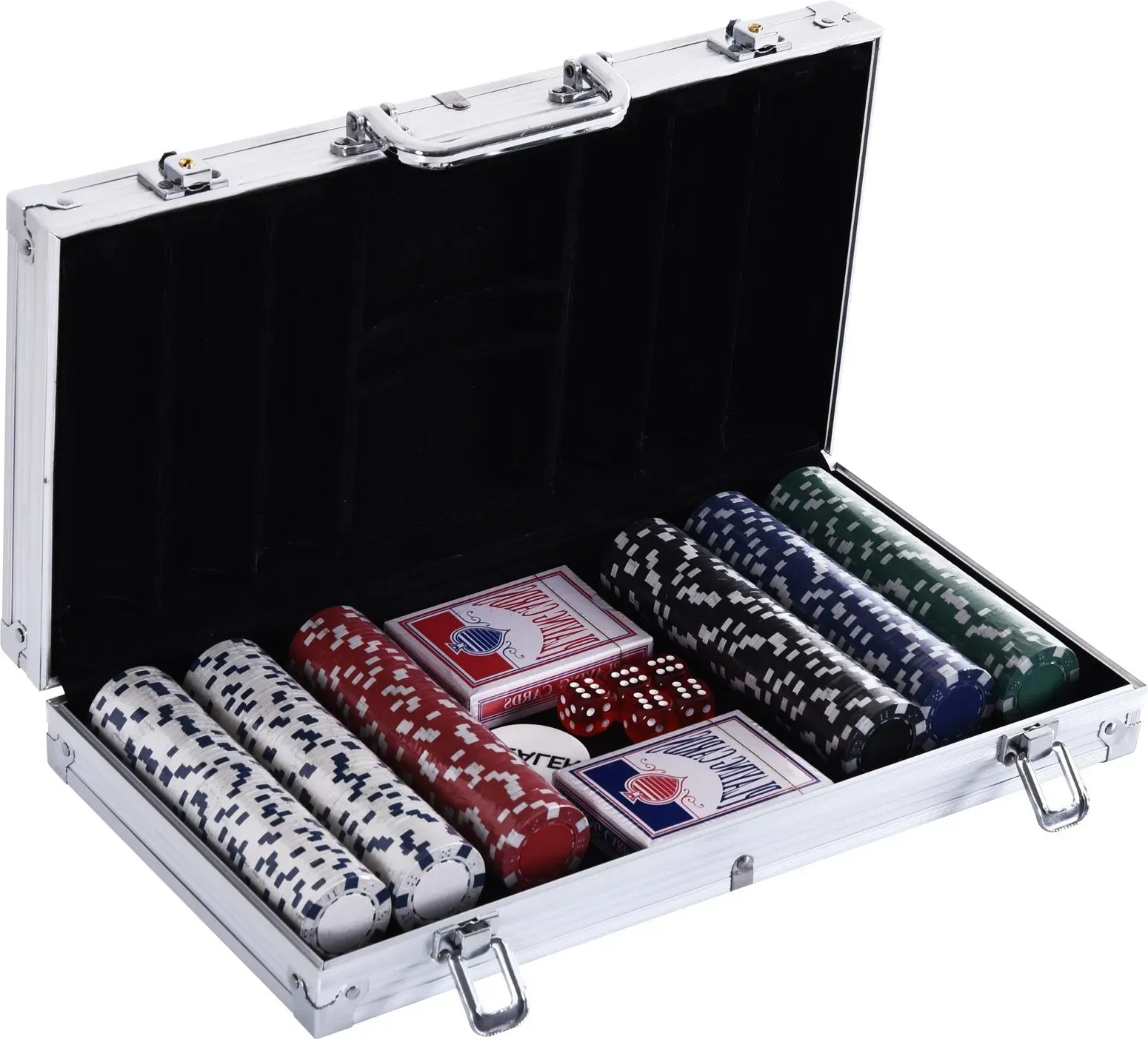 HOMCOM Pokerkoffer Set mit 300 Chips, 2 Kartenspielen & 5 Würfeln im Alukoffer, ideal für Casino-Nächte, 38x20,5x6,5cm   Aosom.de