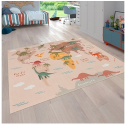 Kinderteppich Bino 583, Paco Home, rechteckig, Höhe: 4 mm, Spielteppich, Motiv Weltkarte & Dinosaurier, Kinderzimmer beige 200 cm x 200 cm x 4 mm