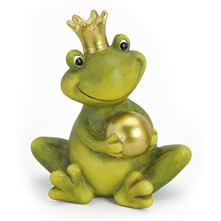 TEMPELWELT® Deko Garten Figur Frosch Froschkönig 15 cm, Polystein Grün Beige Mit Goldkugel, Dekofigur Märchenfrosch Gartendeko Tierfigur für Frühling Sommer Herbst