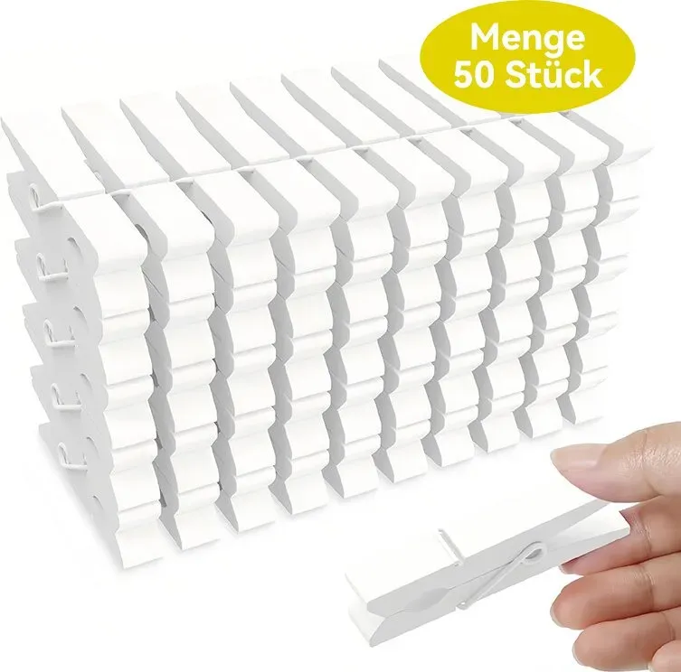 JORDAN&JUDY Holz-Kleiderpins/Photo Clips, 50er-Pack, Wäsche-/Trockenklammern, windsicher, weiß