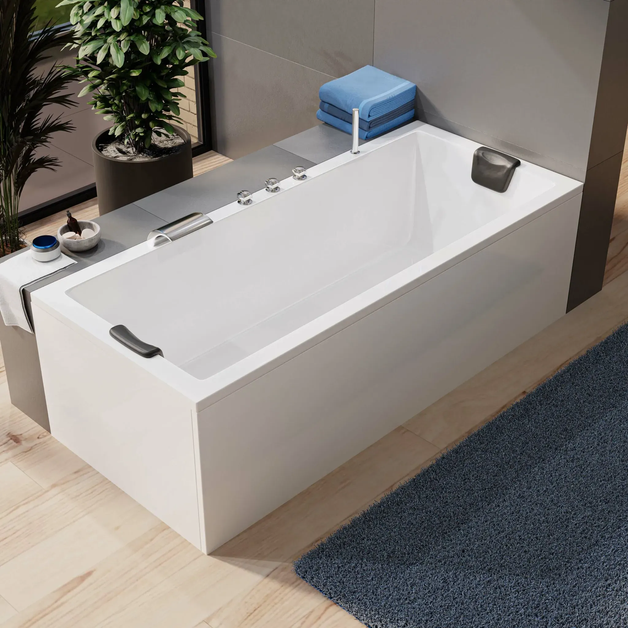 AQUADE Rechteck Badewanne Ulm 180 x 80 cm Komplett-Set Ab–Überlauf–Garnitur mit Zulauf Ohne Nackenkissen Ohne LED–Beleuchtung