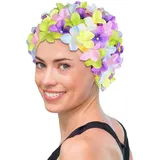 pologmase Badekappen für Damen - Vintage Blumen Badekappe Blumenblüten Bademütze - Bequeme Badekappe, Ohrenschutz für Erwachsene Frauen, Mädchen, langes oder kurzes Haar