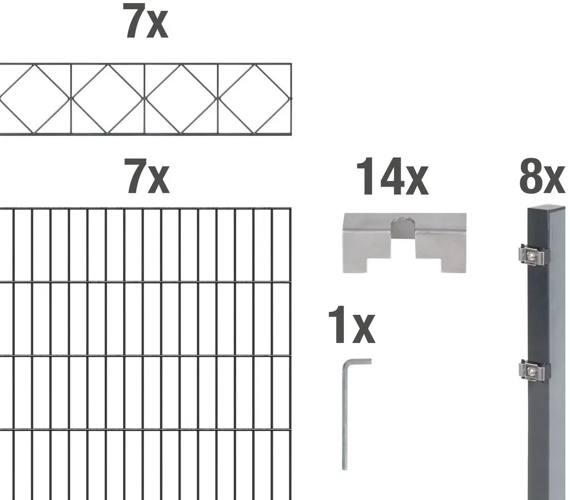 Alberts Komplettset Doppelstabmatte mit Dekorstreifen Bergen, Anthrazit, Mattenbreite 2 m, Zaunset