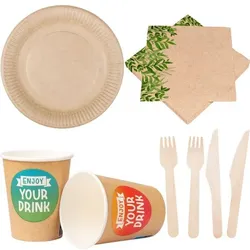 Bio Einweggeschirr Set 210 tlg. Eco braun Teller Becher Servietten Messer Gabeln