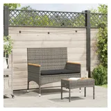 vidaXL Gartenbank 2-Sitzer mit Kissen und Tisch Grau Poly Rattan