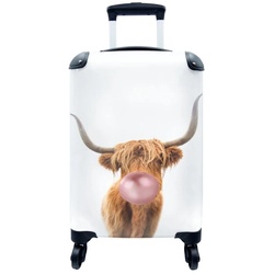 MuchoWow Handgepäckkoffer Scottish Highlander – Kaugummi – Rosa – Kind – Mädchen – Jungen, 4 Rollen, Reisetasche mit rollen, Handgepäck für Ferien, Trolley, Reisekoffer bunt