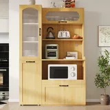 Merax Küchenschrank, Highboard mit Arbeitsplatte, Küchenbuffe mit Ausziehbaren Regalböden, Offenen Ablagefächer und Riffelglas, Buffetschrank für Wohnzimmer, Küche, Esszimmer, 98×40×177cm (Natur)