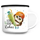 Wandtattoo Loft Kindertasse mit Namen und Eulen Motiv, Emaille Tasse Kinder mit Namen, Camping Tasse Kinder, Kindertasse personalisiert, Schulkind Tasse mit Namen, Trinkbecher Jungen Einschulung