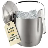 SILBERTHAL Eiswürfelbehälter 3l - Eisbehälter mit Deckel und Zange -Eiseimer Edelstahl - Doppelwandig Isolierter Flaschenkühler - Auch als Weinkühler, Sektkühler