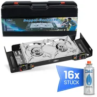 ZMC Gaskocher Butan Gaskocher Outdoor Campingkocher 2-flammig + Gaskartuschen 227g, (Doppel Kartuschenkocher mit Piezozündung, Wärmeleistung: 2,5KW), für Outdoor und Innenraum, Gasherd Kochfeld Gas Kocher Herd Doppel gaskocher + 16x Gaskartuschen