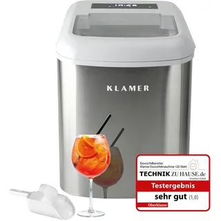 Klamer Eiswürfelmaschine, 10 Eiswürfel in 7-9 Minuten, 15 kg Eiswürfel pro Tag, 2 Eiswürfelgrößen, 2,1 L Wassertank, 120 W Ice Maker mit Eisschaufel - Weiß