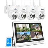 【5MP+PTZ】 Hiseeu Überwachungskamera Set Aussen WLAN mit 12''Monitor 10CH Wireless NVR,4 Pcs 5MP PTZ WiFi Kameras mit 2-Wege Audio,Farbe Nachtsicht,Fernanzeige,App&Mail Alarm,3TB HDD Inklusive