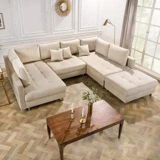 Moderne XXL Wohnlandschaft KENT 305cm champagner beige Samt inkl. Hocker und Kissen - Beige