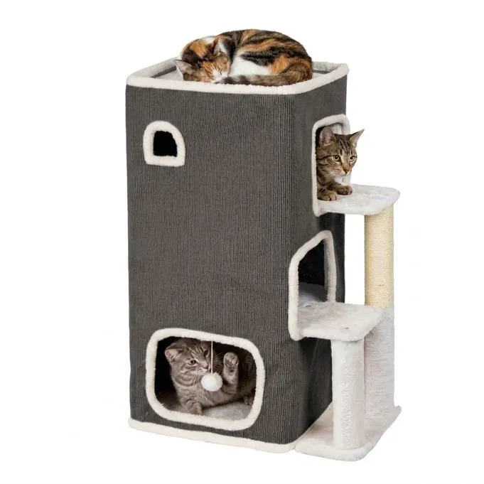 Relaxdays Katzenhaus 3 Etagen Ball & Kratzstamm Beige,Weiß,Grau