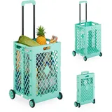 Relaxdays Einkaufstrolley klappbar, Einkaufskorb mit Rollen, bis 25 kg, Teleskopgriff, Gitter, hohe Rollkiste, türkis