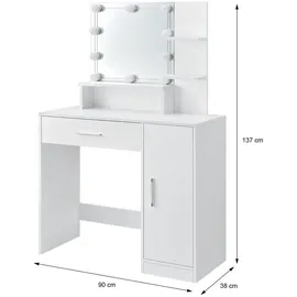 ML-Design Schminktisch Weiß mit Hocker, LED-Beleuchtung, Spiegel, Schublade, 3 Fächer, 90x38x137 cm, Kosmetiktisch aus MDF-Holz, Frisierkommode