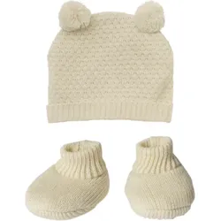 HELESS 480 Puppen-Strickset mit Bommelmütze und Strickschuhen aus 100 % Bio-Baumwolle, ecru, 2-teilig, Gr. 35-45 cm