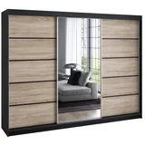 a&j möbelland Schwebetürenschrank VILUNO 2 Kleiderschrank 3-türig 200 cm mit Spiegel, 4 Schubladen & 2 Kleiderstangen, Geräumiger Schlafzimmerschrank (Schwarz/Sonoma)