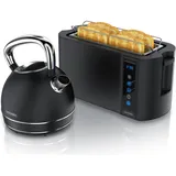 Arendo Frühstücks Set Edelstahl Wasserkocher 1,7l, Retro-Kessel & 4-Scheiben Langschlitz Toaster, Schwarz, Wasserkocher, Schwarz