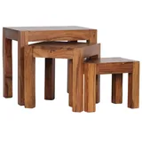 KADIMA DESIGN 3er Set Satztisch Massiv-Holz Wohnzimmer-Tisch Landhaus-Stil Beistelltisch dunkel-braun