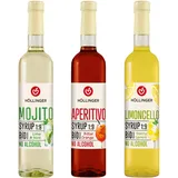 HÖLLINGER Bio Cocktailsirup Set, Mojito Limette-Minze, Aperitivo Bitter Orange, Limoncello Zitrone, Alkoholfrei, 3x500ml Glasflaschen, 1:9 Mischverhältnis