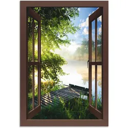 Wandbild ARTLAND "Fensterblick Angelsteg am Fluss", braun (farbe bild(er): braun), B:70cm H:100cm, Bilder, als Alubild, Outdoorbild, Leinwandbild, Poster, Wandaufkleber