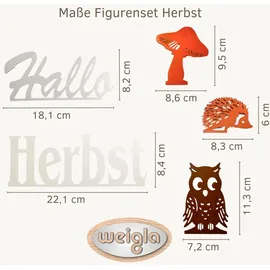 Weigla - Figurenset 5 TLG. original Erzgebirge I Motiv Herbst weiß/braun/orange I Figurenset für Dekosockel I detailreiche Holzkunst I Herbstdeko mit Schriftzug Hallo Herbst, Einer Eule, Igel & Pilz
