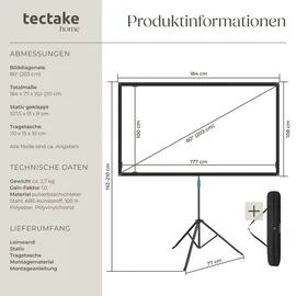 Tectake tectake® Beamer-Leinwand für 4K HD, Ultra HD und Full HD, Gain-Faktor 1,0, reißfester Terylenestoff, faltenfrei gespannt, Format 16:9, 80“ Zoll 203cm Stativ höhenverstellbar klappbar