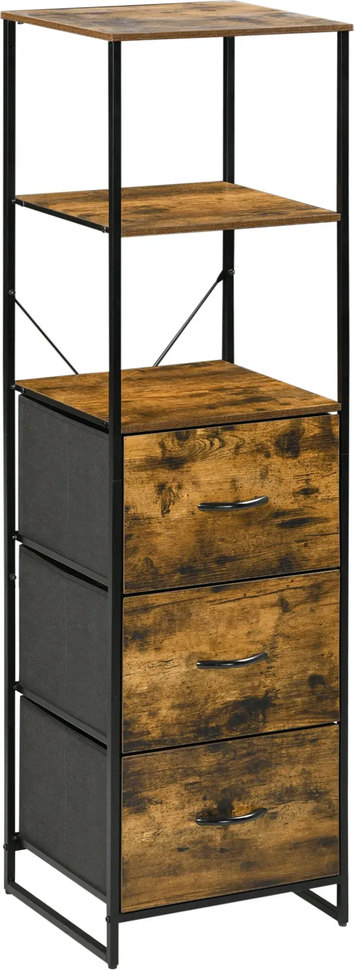 HOMCOM Kommode, Aufbewahrungsschrank mit 3 Faltbaren Stoff-Schubladen, 2 Regale, Beistellschrank im Industrie-Stil für Wohnzimmer, Rustikal-Braun   Aosom