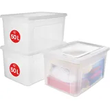 Iris Ohyama Vielseitige Aufbewahrungsboxen, 50L, 3er-Set, Transparent, Deckel leicht schließbar, Stapelbar, Plastik, Für Schrank, Regale,