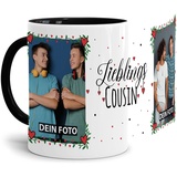 Tasse - Lieblings-Cousin - zum selbst Gestalten mit zwei Fotos - Fototasse für den Cousin - Keramik, Innen & Henkel Schwarz, 300 ml