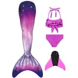 FOLOEO Meerjungfrauenflosse Mädchen Kinder Meerjungfrauenschwanz Zum Schwimmen mit Meerjungfrau Flosse und Bikini Set(4 Stück Set) - 150