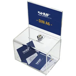 HMF 46912 Acryl Spendenbox abschließbar, 15,5 x 11 x 11 cm, DIN A6 Blatteinschub, Transparent