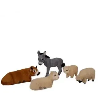 Erzählfiguren Kolb - Kunsthandwerk Esel stehend, Ochse liegend, und 5 Schafe aus Echtfell - für 10-15 cm große Krippenfiguren