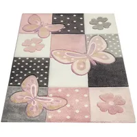 Paco Home Teppich Kinderzimmer Bunt Rosa Schmetterlinge Karo Muster Punkte Blumen 160x230 cm,