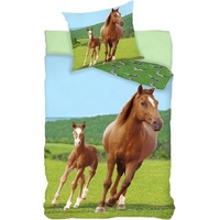 Kinderbettwäsche Bettwäsche Set mit Pferd mit Fohlen 2 tlg. 135x200 cm (80x80 cm), BrandMac